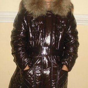 NWT ELSYGIRL RemovableFurHoodPufferShinyJacketCoatParkaBrownItalianDesig…